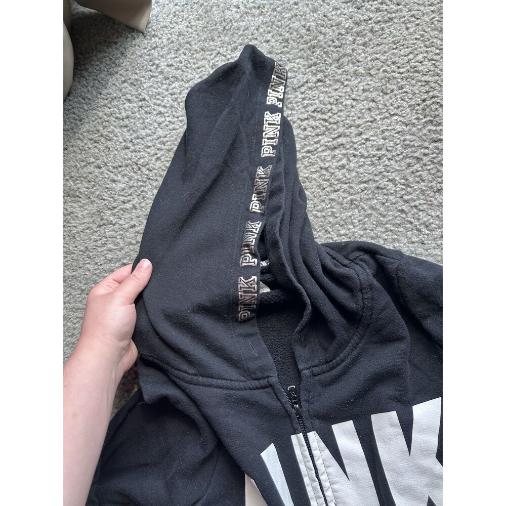 Pink Victoria Secret Women’s Black & White Zip Up Hoodie Sweatshirt Size MED - Picture 3 of 5